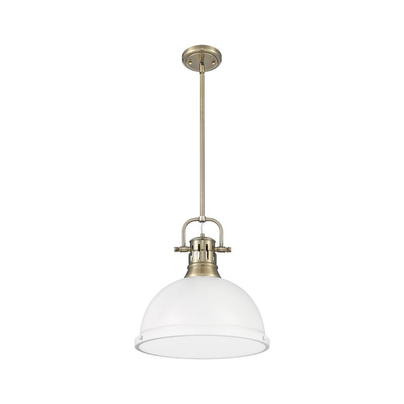 Yep by Golden Lighting Duncan 1-light 14in Rod Hung Pendant in Aged Brass and Matte White shade