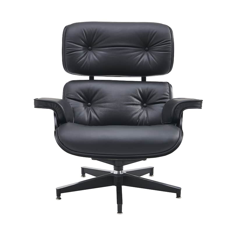 Mid Century Modern Leather Lounge Chair Armchair Recliner - BlackWalnut/Black
