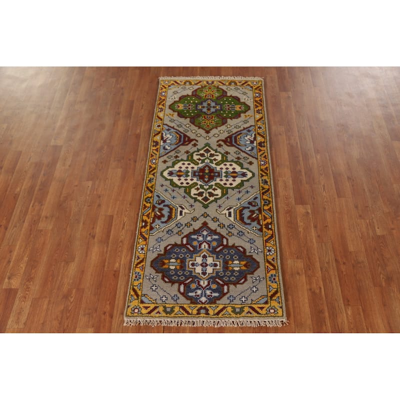 Geometric Kazak Indian Rug Hand-Knotted Wool Carpet - 2'6"x 6'0"