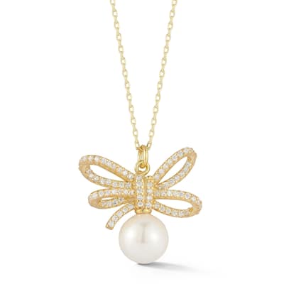 Soleil Sterling Silver Freshwater Pearl CZ Bow Pendant Necklace