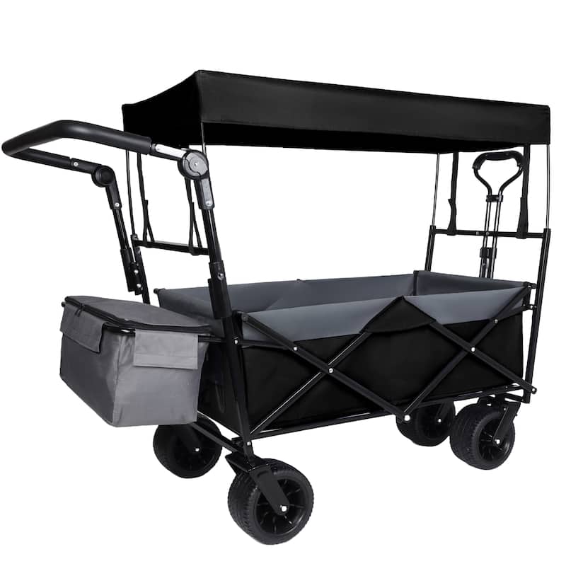 With Push Handle, 480Lbs Collapsible Wagon with Canopy, Wagon cart with 7" All-Terrain Wheels, Large Capacity, Shopping, Sports