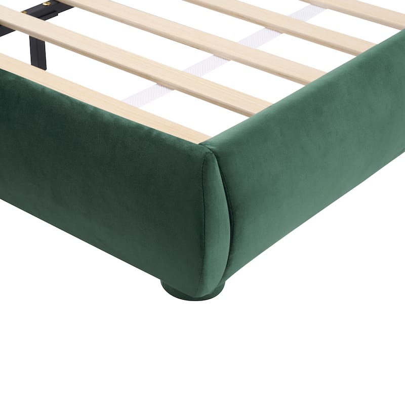 Dark Green Velvet Queen Bed - Luxurious Texture, Curved Headboard, High Load Capacity, Easy Assembly