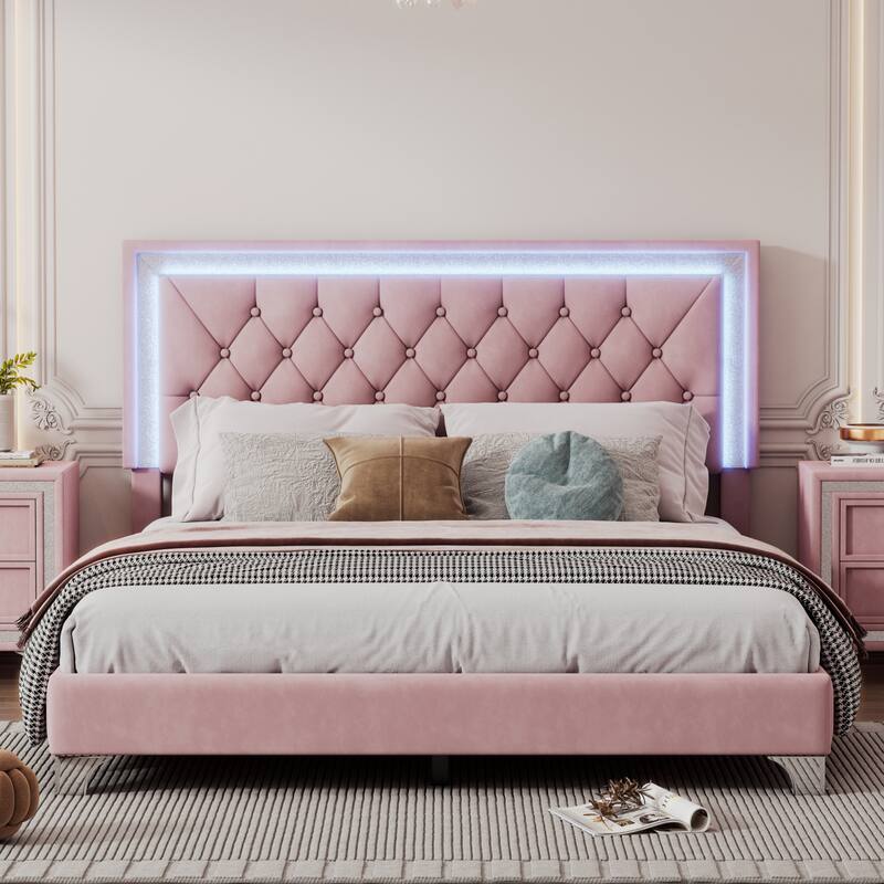 Queen Size Upholstered Bed Frame with LED Lights - Pink