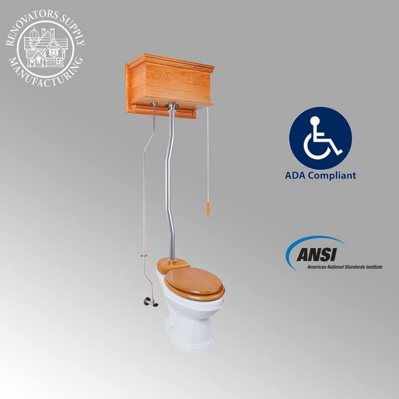 Light Oak Wooden High Tank Toilet Flat Tank, Satin Plated Z Pipe and Elongated White Bowl