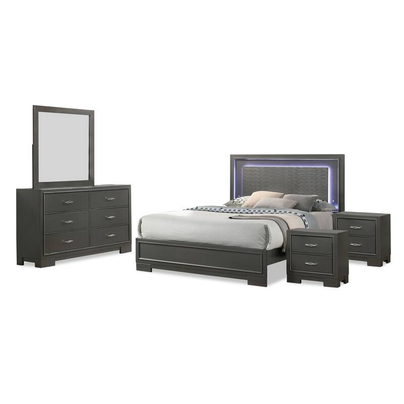 Furniture of America Lalt Modern 5-Piece Metallic Grey Wood Panel Bedroom Set with LED Light