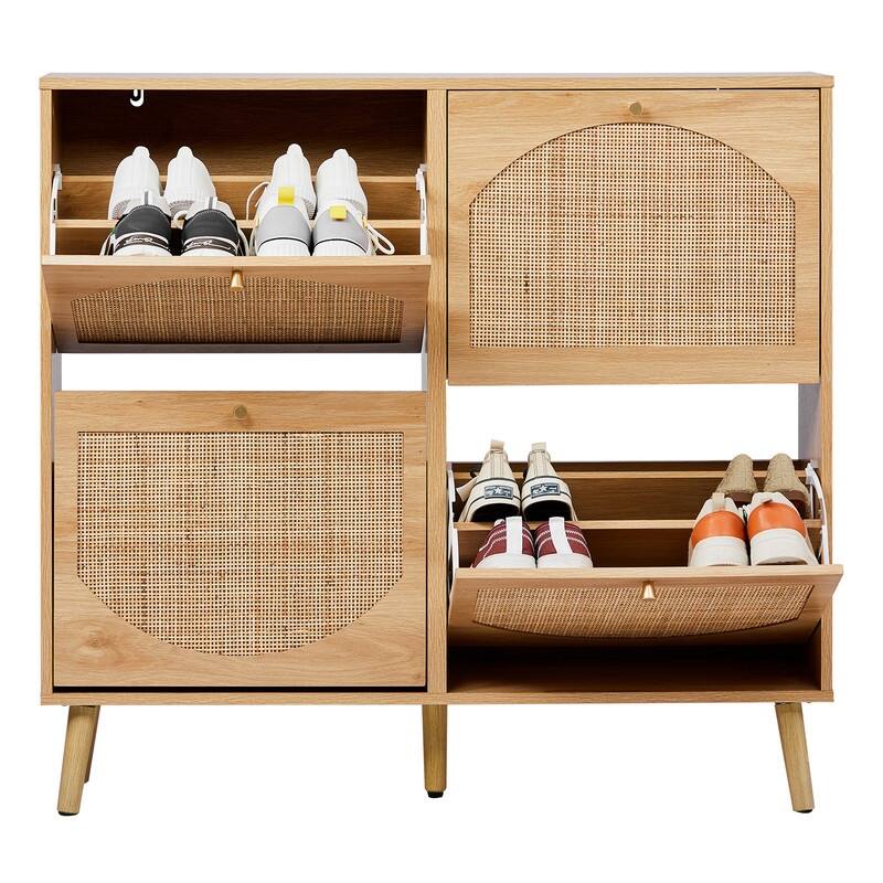 Rattan Shoe Cabinet with 2 / 4 Flip Drawers, Narrow Shoe Storage Cabinet,Organizer for Entryway, Bedroom, Living Room