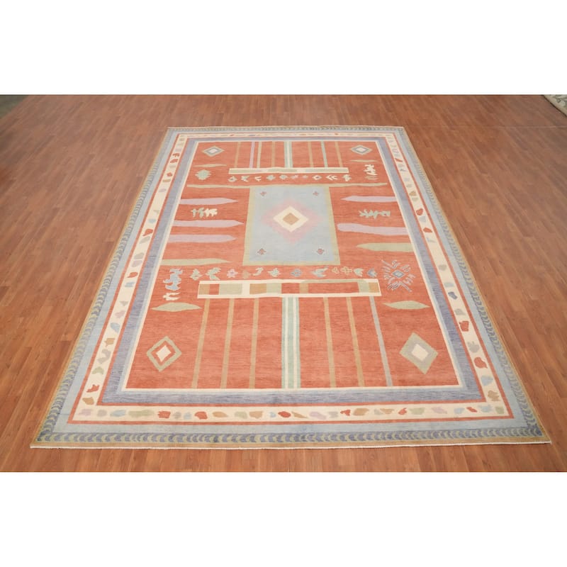 Hand Knotted Oriental 100% Wool Carpet Modern Geometric Oranges & Rust Gabbeh Area Rug - 12' 3'' X 9' 2''