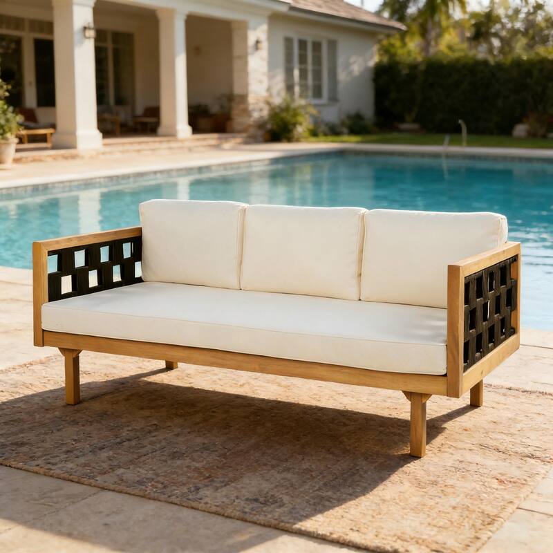 Christopher Knight Home - Claremont Outdoor Acacia Wood Three-Seater Daybed and Round Coffee Table Set