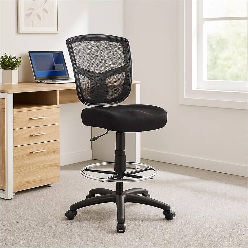 Mea Drafting Stool Chair, Adjustable Height, Black Mesh, Chrome Footring