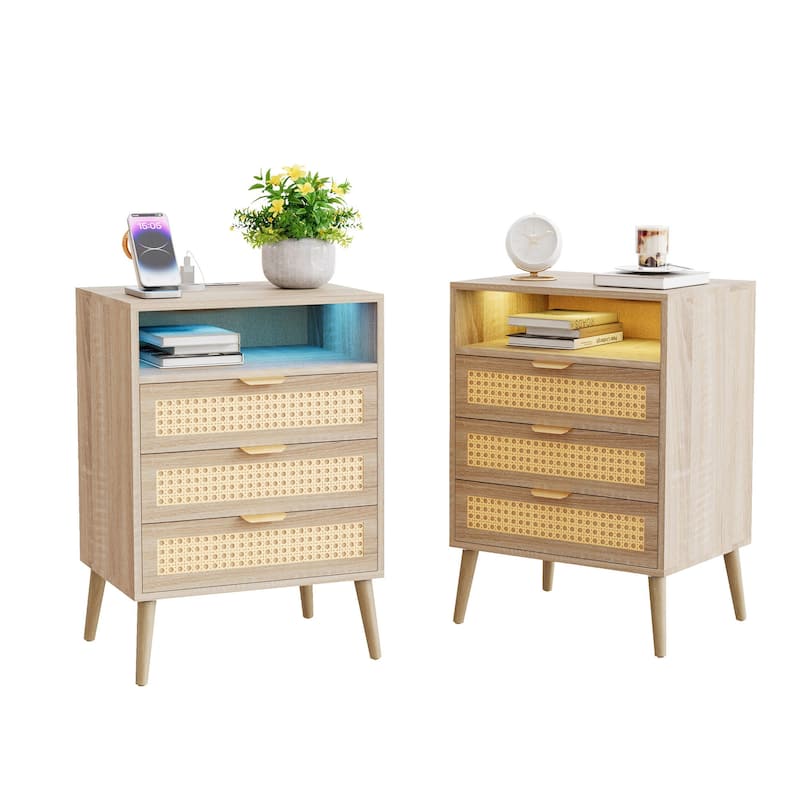POLESITTER Rattan 3 Drawers Nightstand with LED Lights and Charging Station,Storage End Table - 2 PCS