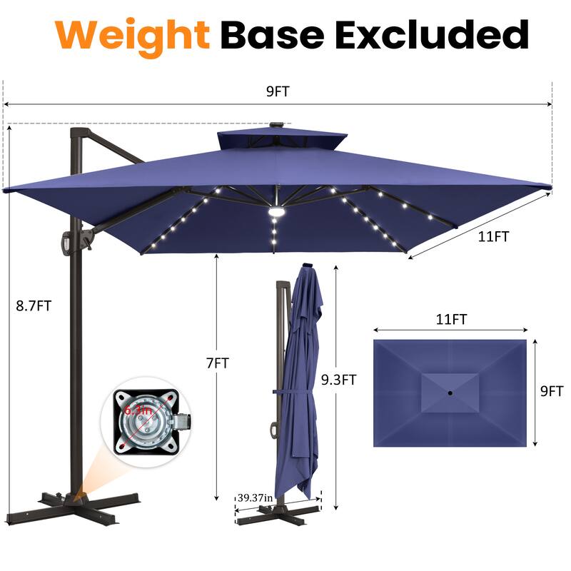 Solar LED Light 9 x 11FT Rectangular Outdoor Cantilever Patio Daul Top Umbrella without Base