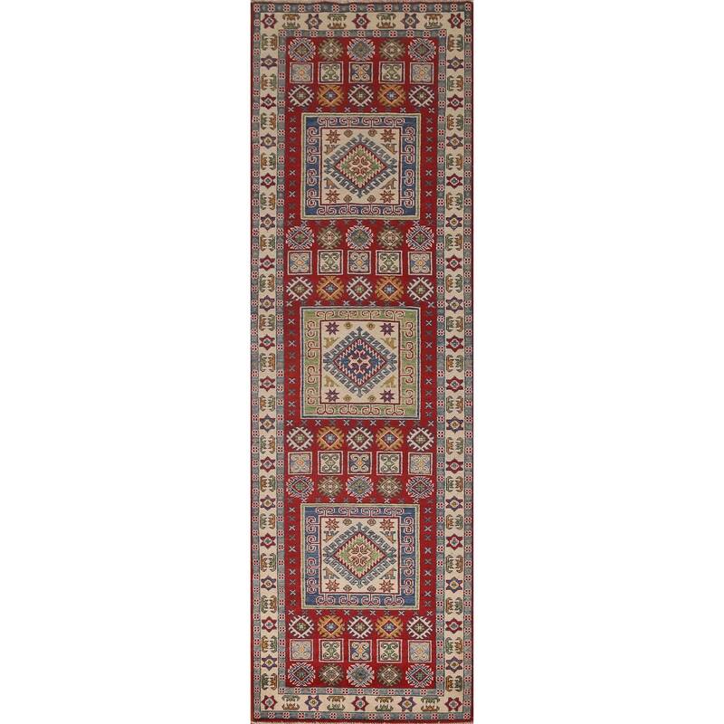Red Traditional Geometric Kazak Oriental Wool Runner Rug Hand-knotted - 2'9" x 9'9"