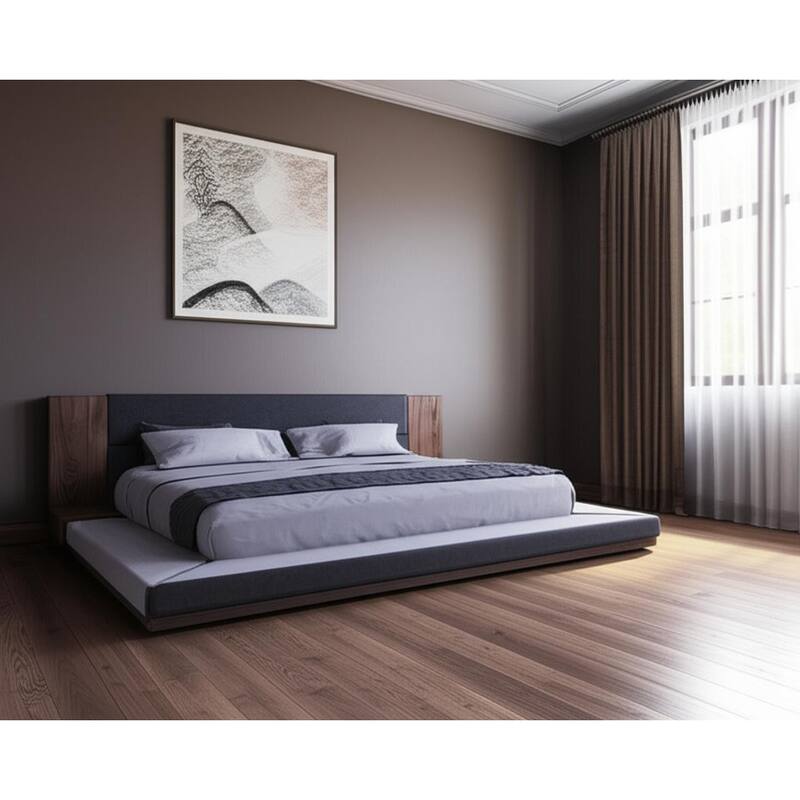 HomeRoots Gray and Walnut Wood And Upholstery Queen Bed Frame With Attached Nightstands - Queen