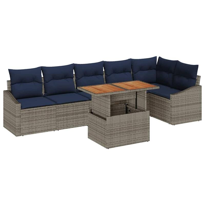 vidaXL 7 Garden Sofa Set with Cushions Black/Grey Poly Rattan - 113.6 x 48.6 x 27.2