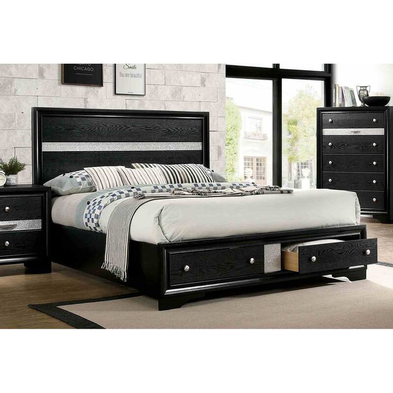 Contemporary Black Finish 1pc Footboard Drawers Bed