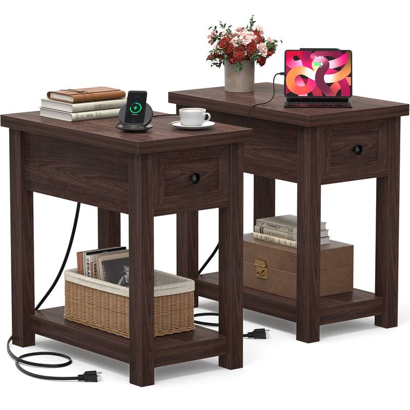 Farmhouse End Table with Wood Drawers and Charging Station, Sofa Side Table, Nightstand - Walnut - Set of 2