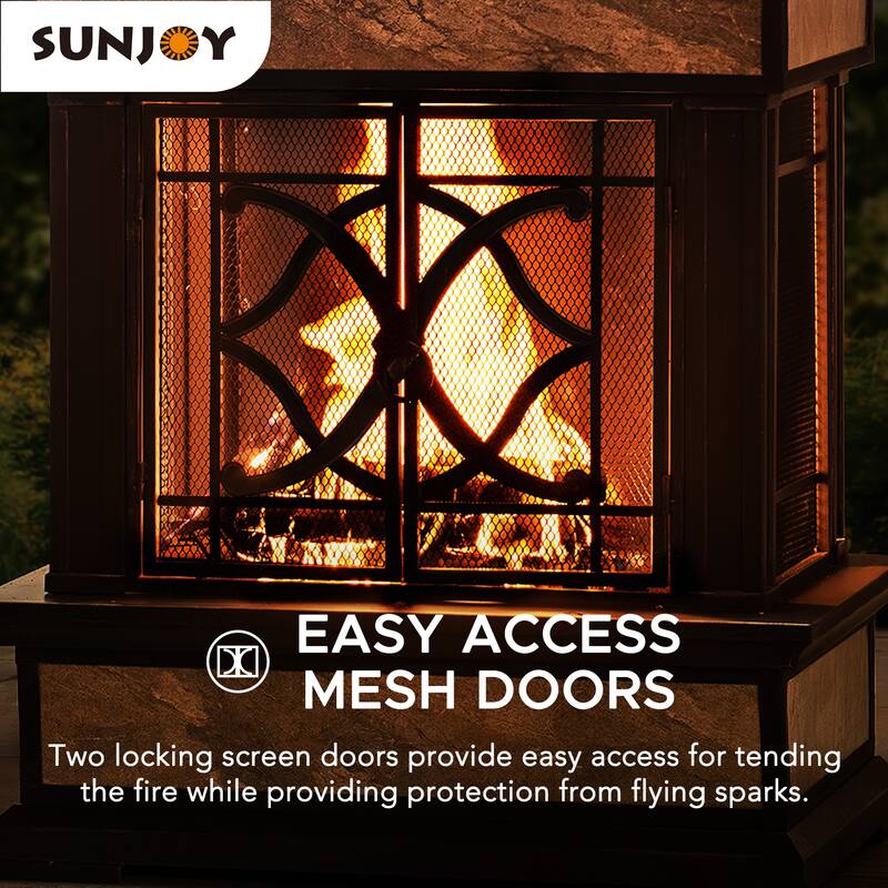 Sunjoy Smith Collection Outdoor Patio Wood Burning Steel Fireplace with Chimney, Spark Screen, Fire Poker, and Removable Grate