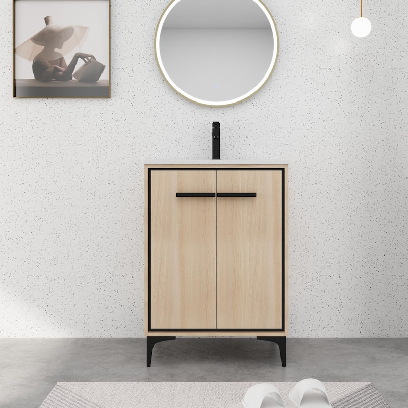 BNK 24/30 inch Freestanding Single Sink Bathroom Vanity with Soft Close Door and 1 adjustable shelf - 24''W - Beige