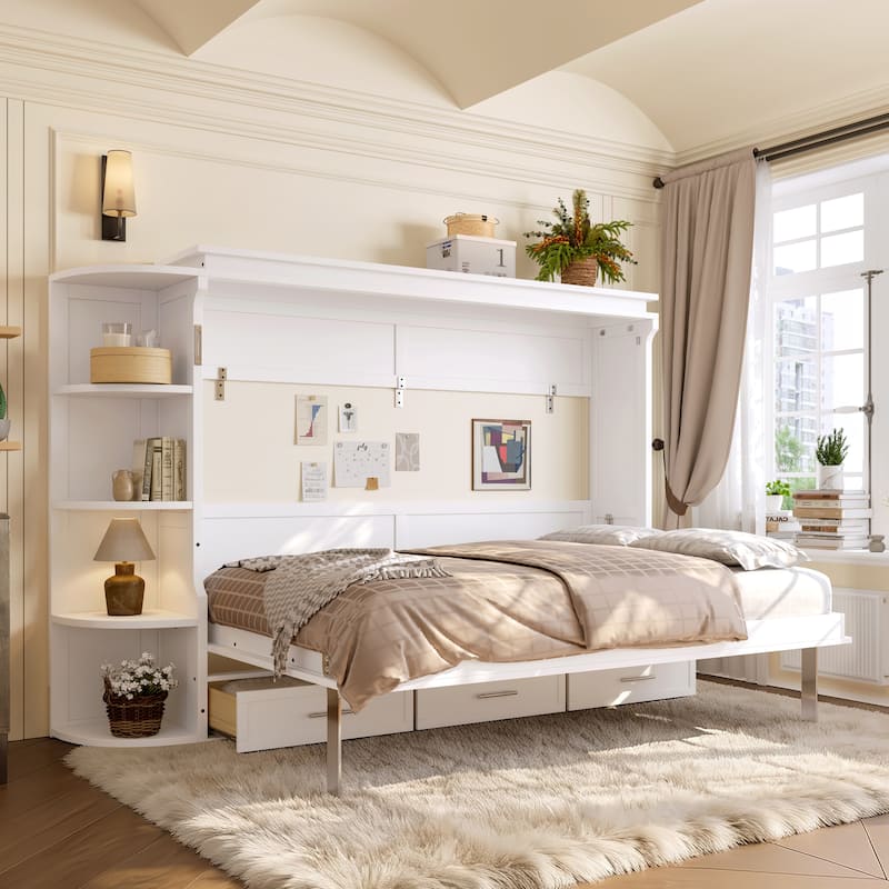 Murphy Platform Bed with Side Cabinets & Drawers, Wall Bed with Shelf for Home Office, Queen or Full - White - Full