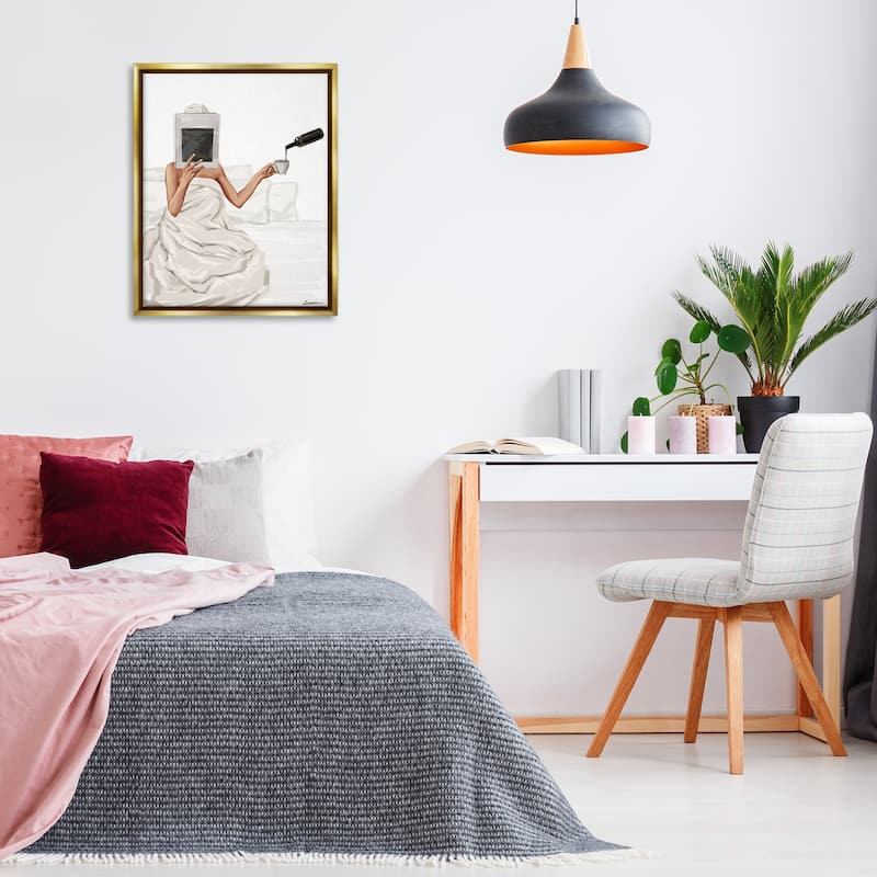 Stupell Cozy in Bed with Drink Framed Floater Canvas Wall Art Design By Ziwei Li