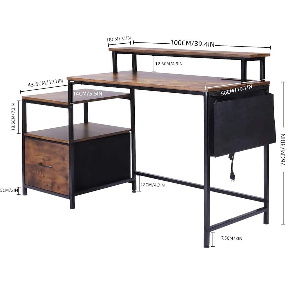 39'' Computer Desk with LED Lights & USB Ports, Small Workstation with Drawer, Storage Shelves & Monitor Stand for Home Office
