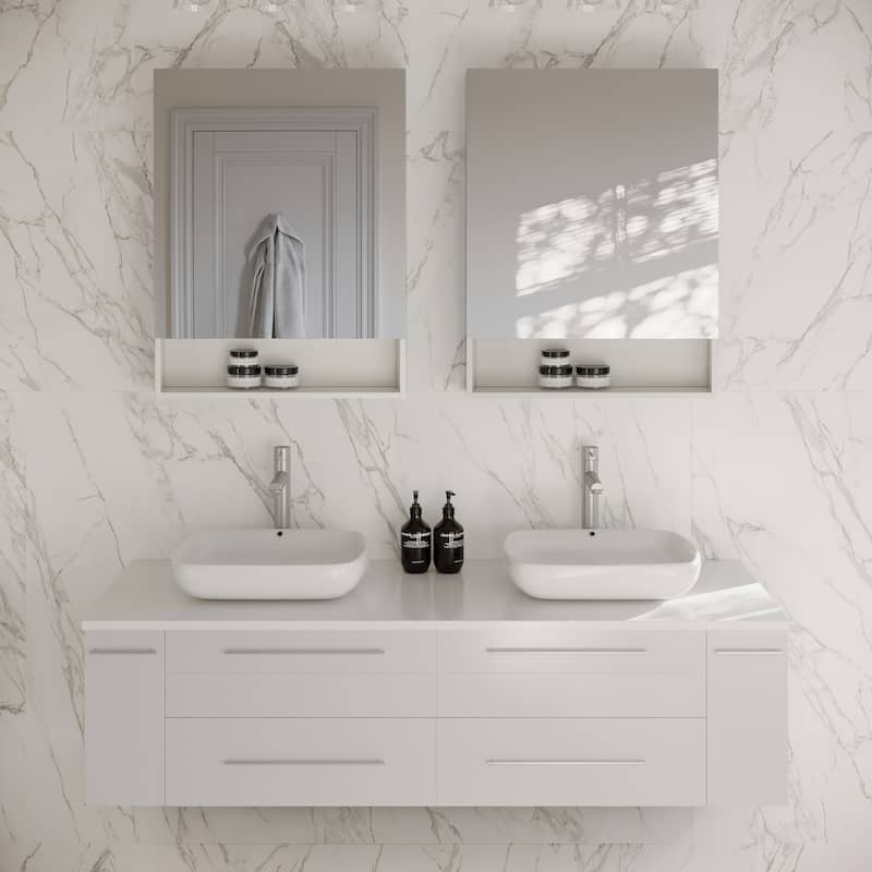 Fresca Lucera 60" Wall Mounted Double Basin Vanity Set with Cabinet, - White