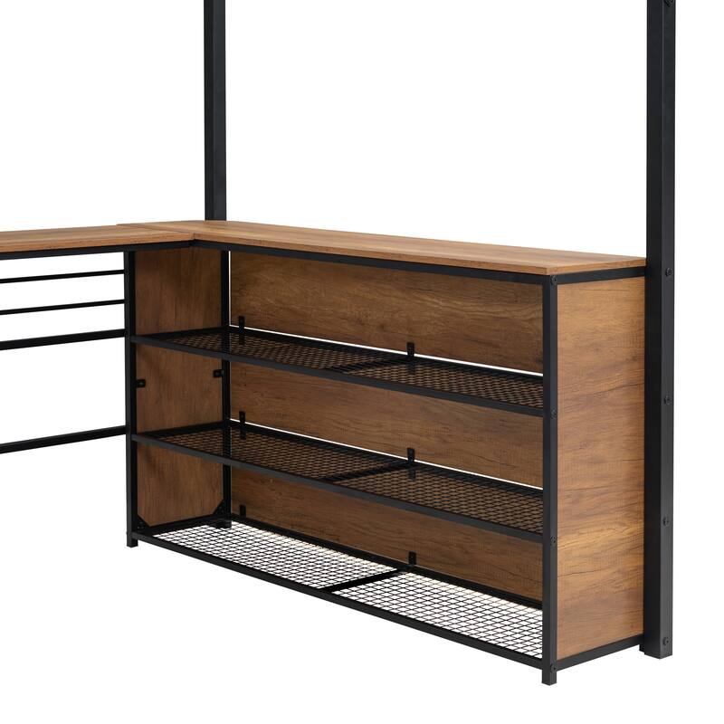 Full Size Metal Loft Bed with L-Shaped Desk and 3-Tier Shelves, Black