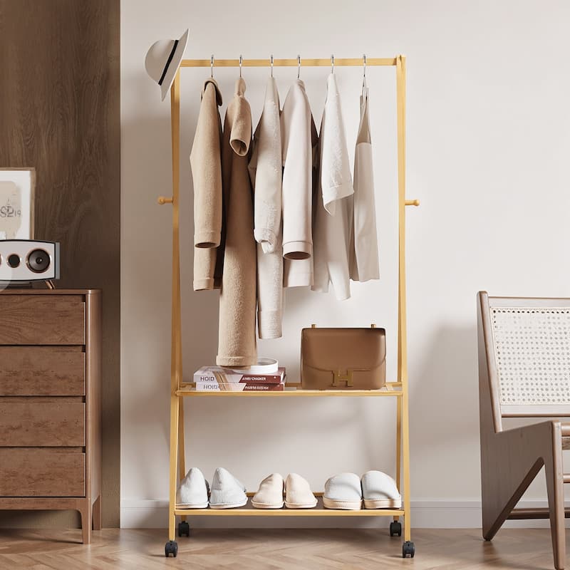 Javlergo 59/53 Inch Tall Bamboo Coat Rack with 2 Shelves 4 Wheels & Hooks Multi-Functional Freestanding Clothes Rack for Bedroom