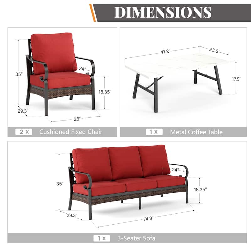 MAISON ARTS 5-Seat Outdoor Patio Furniture Sets, 2 x Cushioned Chairs, 1 x 3-Seat Sofa with Marbling Coffee Table