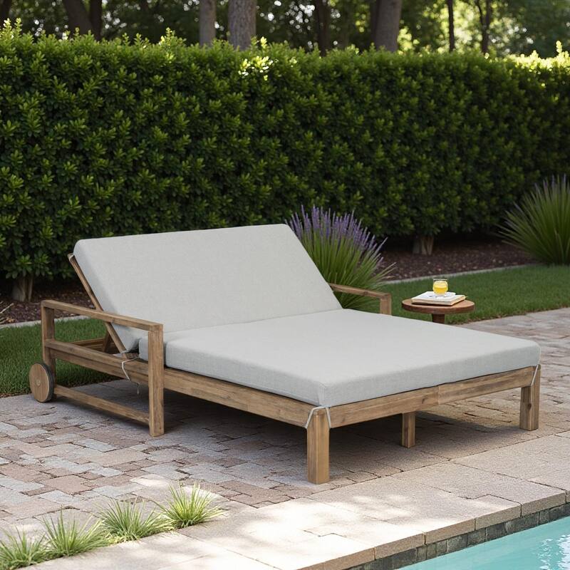 Outdoor Patio Solid Wood Double Daybed Sunbed with Adjustable Backrest and Wheels - Grey