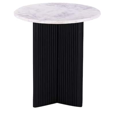 Luxurious Round Mable Topped Pedestal Side/End Table, Living Room Accent Table, White/Black
