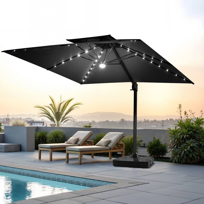 VredHom 11X11 FT Outdoor Aluminum Square Cantilever Patio Umbrella Solar LED Light with Weights Base - Black
