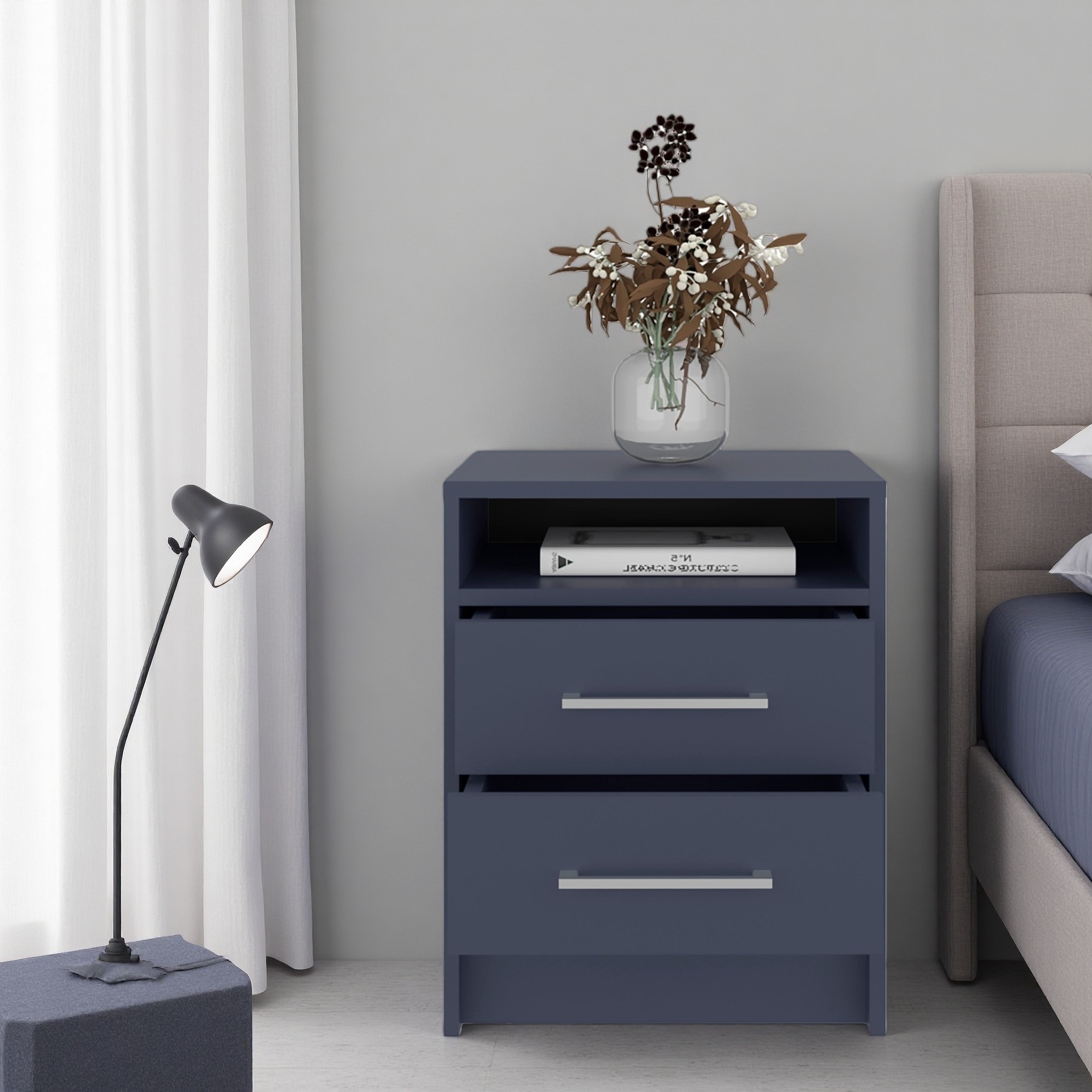 16"L Melamine Floating Nightstand, 2 Drawers & Open Shelf, Modern Storage