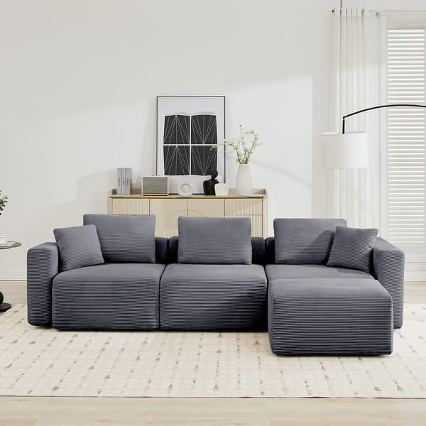 Corduroy Sectional Modular Sofa with Square Arms & Ottoman Extension for Flexible Arrangements - Bed Bath & Beyond