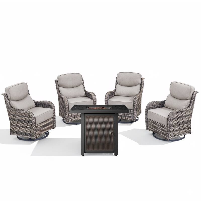 Arcadia 5-Piece Wicker Patio Set with 4 Swivel Glider Chairs and Square All-Iron Fire Pit