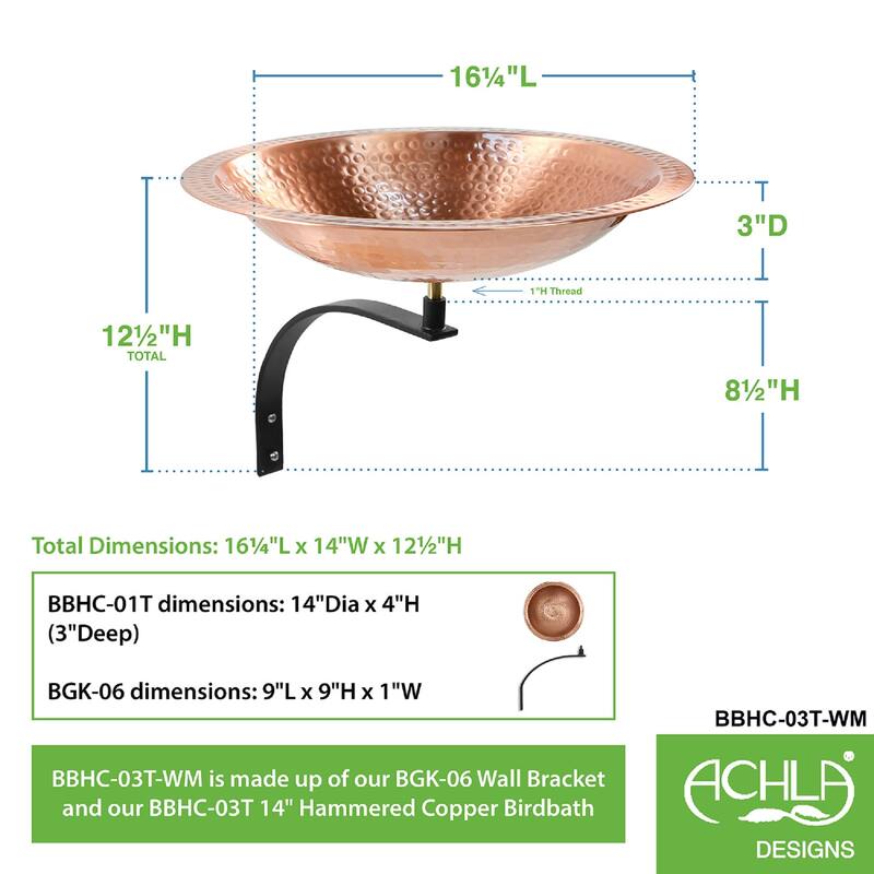 Achla Designs 16" W Round Satin Hammered Solid Copper Birdbath Bowl w/Black Wrought Iron Wall Mount Bracket