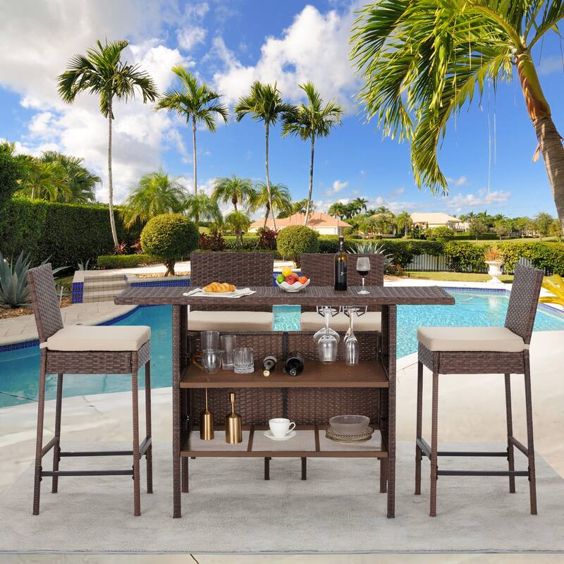 AVAWING 5PCS Patio Bar Set Outdoor Rattan Bar Set with Removable Cushion