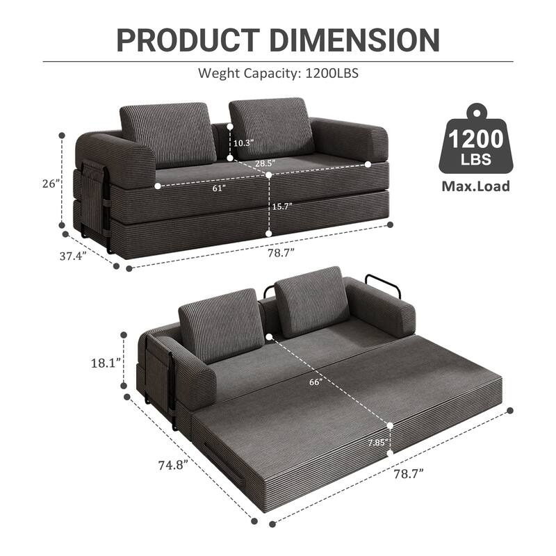 Convertible Sleeper Sofa Bed with Cylindrical Pillow - Corduroy Folding Mattress Couch with Fixed-Shape Frame