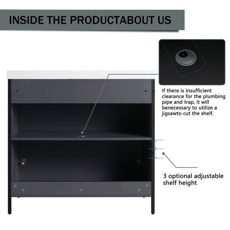 59-inch Double Sink Bathroom Vanity with Adjustable Shelves, Soft-Close Hinges, Resin Basin
