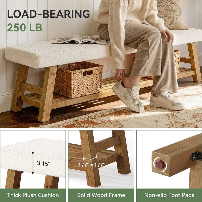 55 Inch Upholstered Entryway Bench with Cushion, Solid Wood Shoe Rack Bench with Shelf for Bedroom, Kitchen, Dining Room