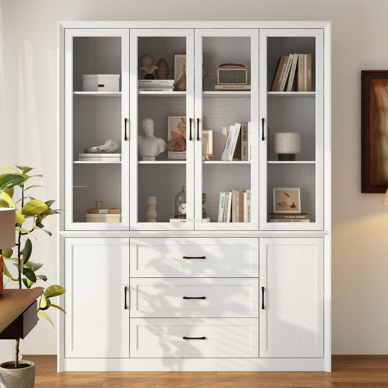 79.6" Tall Glass Display Cabinet, 6-Tier Bookshelf with Drawers Bookcae Panrty