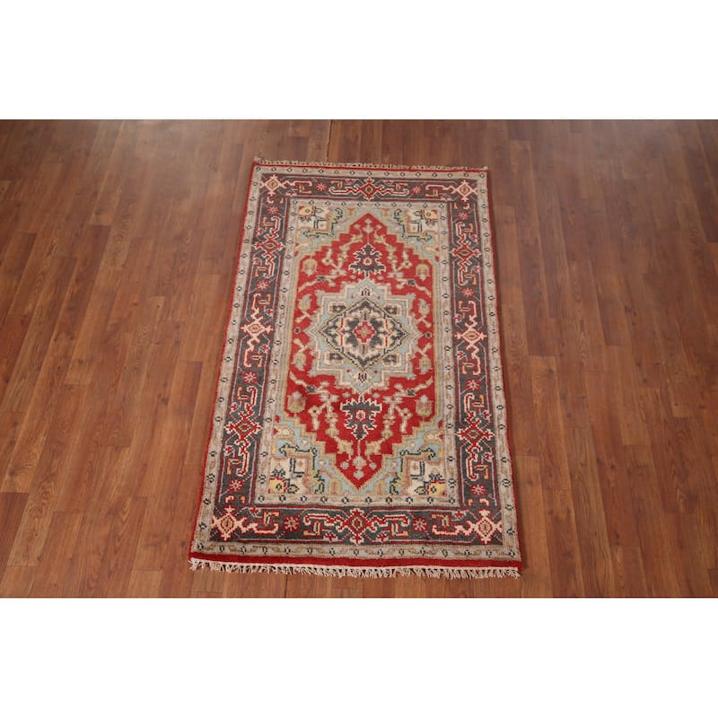 Geometric Red Heriz Serapi Indian Accent Rug Hand-Knotted Wool Carpet - 2'11"x 4'11"