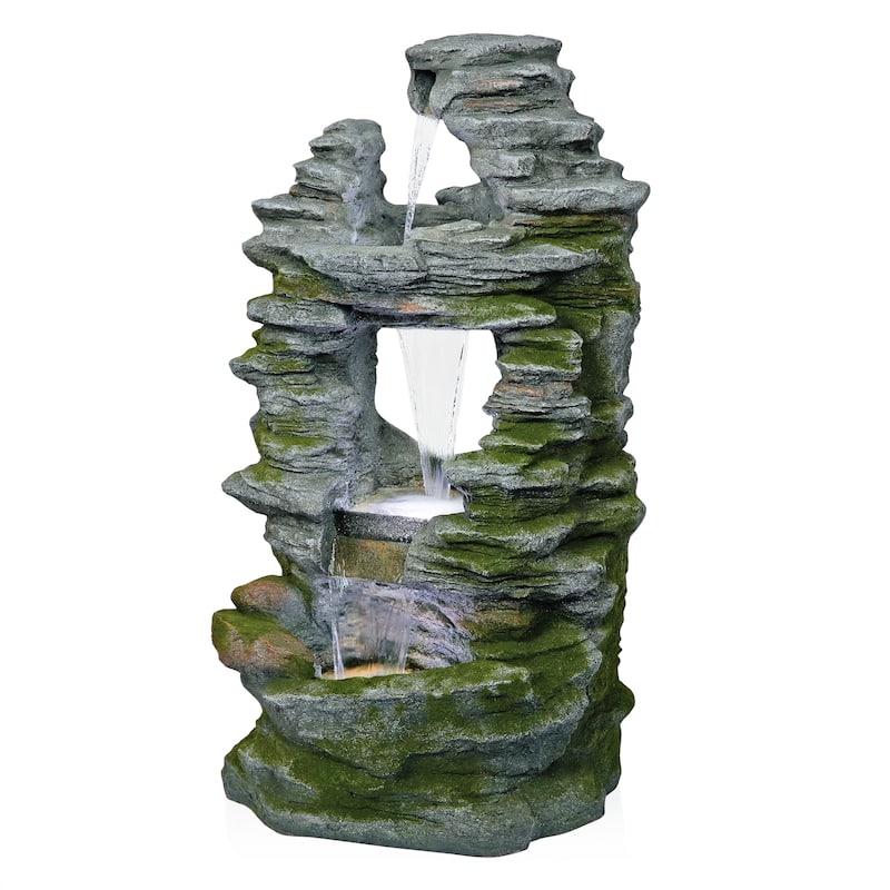 Stacked Stone Rainforest Fountain w/ Cool White LED Lights