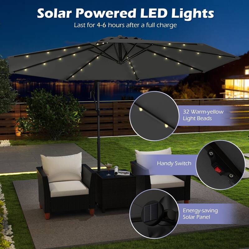 Large 10 Feet Patio Offset Umbrella with Stable Crossed Base and Solar LED Lights for Outdoor
