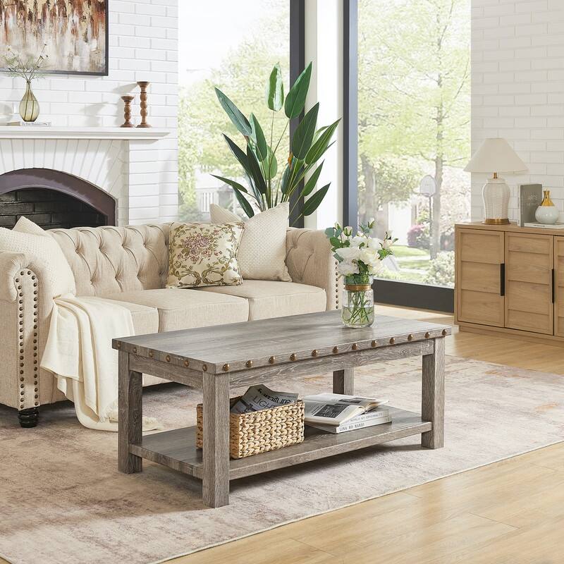 47" Rustic Distressed 2-Tier Coffee Table with Rivet Design