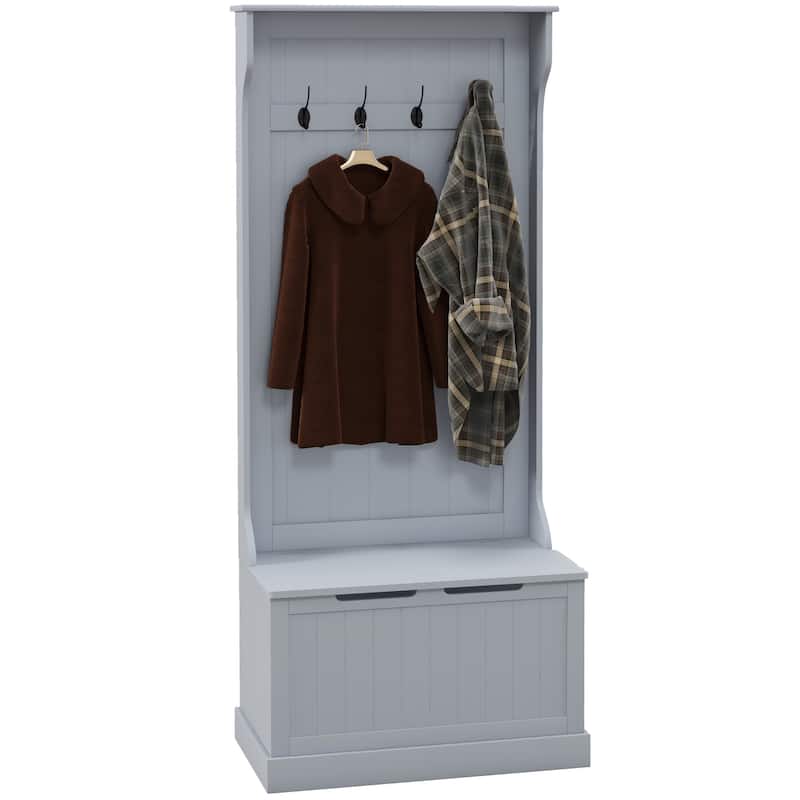 Modern Coat Rack with Anti-Tip Device Storage Bench 4 Hooks and Shoe Storage, for Entry and Hallway, Grey