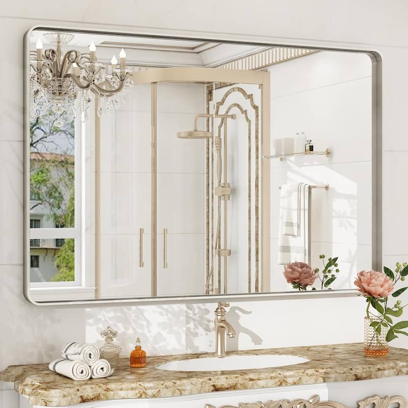 Aluminum alloy Framed Tempered Glass Wall Bathroom Vanity Mirror - 48" x 32" - Silver