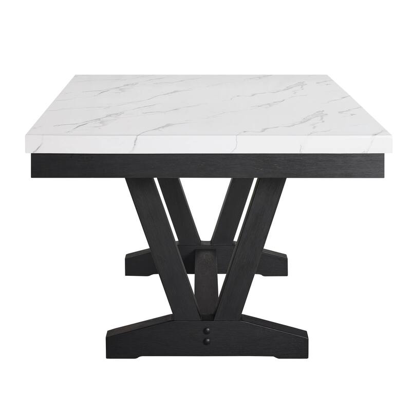 Vinz Dining Table, 72 Inch White Faux Marble Top, Black Trestle Base