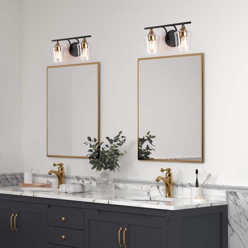 Modern Black Gold 2-Light Bathroom Vanity Lights Seeded Glass Wall Sconce Lighting - 14" L x 7" W x 7" H