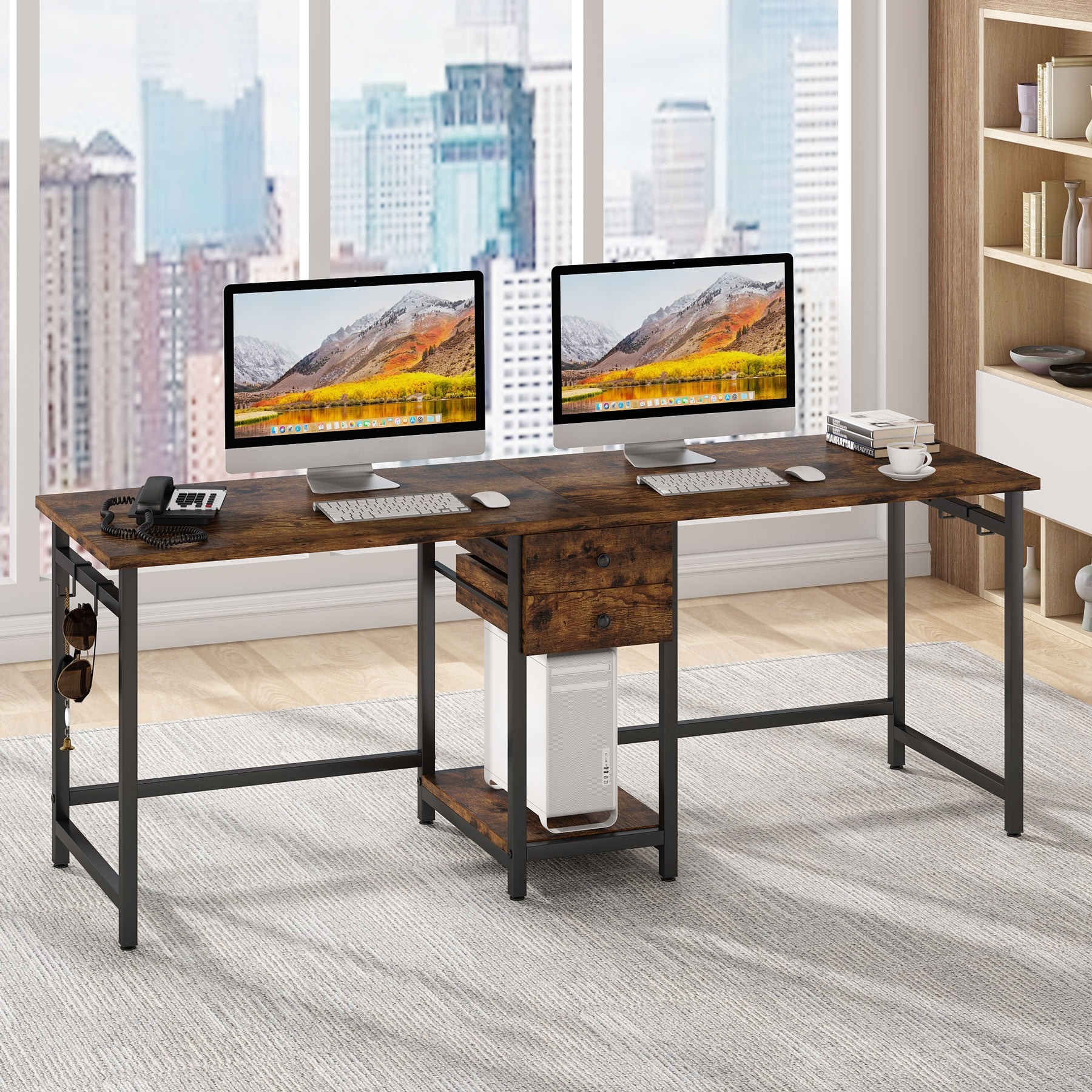 78'' Double Computer Desk with Drawers and Storage Shelves, Extra Large Long Two Person Desk Workstation for Home Office
